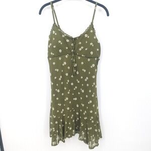 Y2K Dress Womens Large Green Daisy Mini Asymmetrical Bow Fairycore No Boundaries